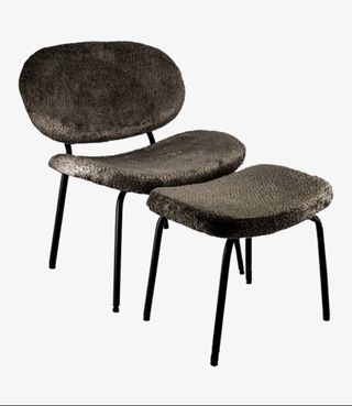 Fauteuil + hocker, zwart stof, zwarte poten